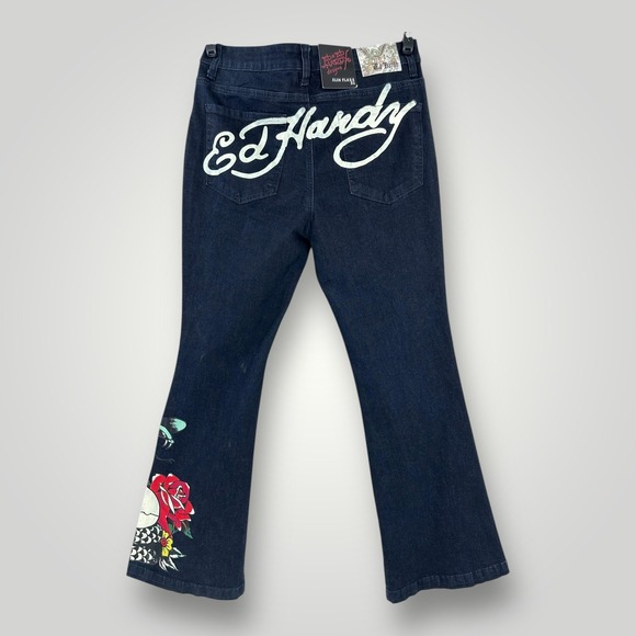 Ed Hardy Denim - NEW Ed Hardy Jeans Skull Rose Women Size 32 Dark Wash Slim Flare Graphic Stretch